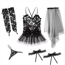 Black and white sexy underwear new bride wedding women’s lace perspective sexy sleepwear 5 pieces pajamas set Vestuário