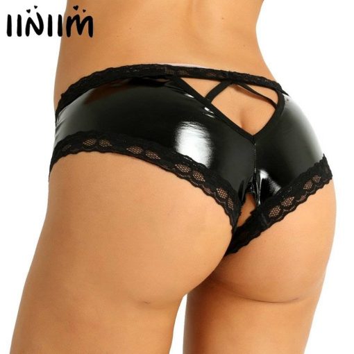 Calcinha feminina sensual, lingerie feminina, aparência molhada, couro de patente, virilha aberta, mini cuecas traseiras roupa íntima para senhoras Vestuário