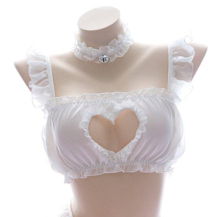 Sexy coração oco conjunto de sutiã lolita intimate anime cosplay traje transparente folha de lótus bonito dividir terno sexy traje