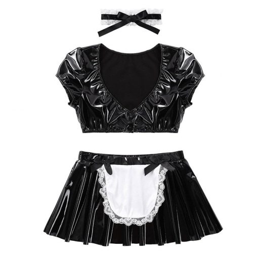 Das senhoras das mulheres wetlook clubwear cocktail festa de couro látex francês maid vestido cosplay trajes colheita superior com mini saia queimado Vestuário