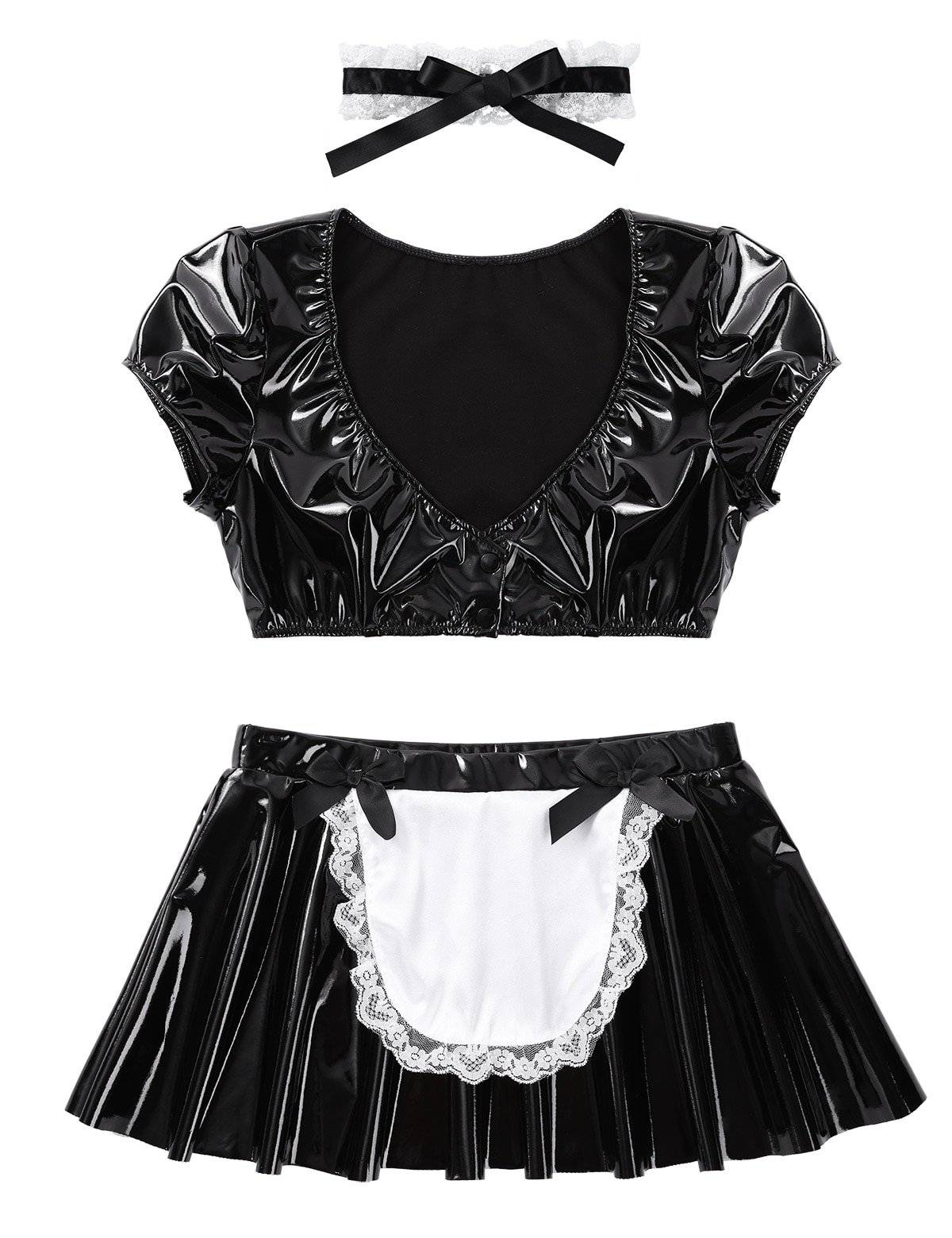 Das senhoras das mulheres wetlook clubwear cocktail festa de couro látex francês maid vestido cosplay trajes colheita superior com mini saia queimado