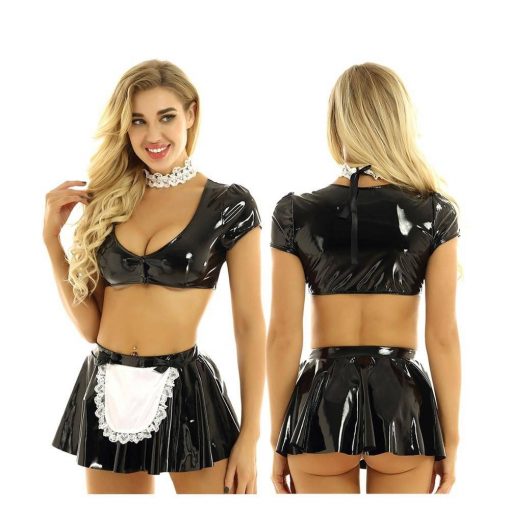 Das senhoras das mulheres wetlook clubwear cocktail festa de couro látex francês maid vestido cosplay trajes colheita superior com mini saia queimado Vestuário