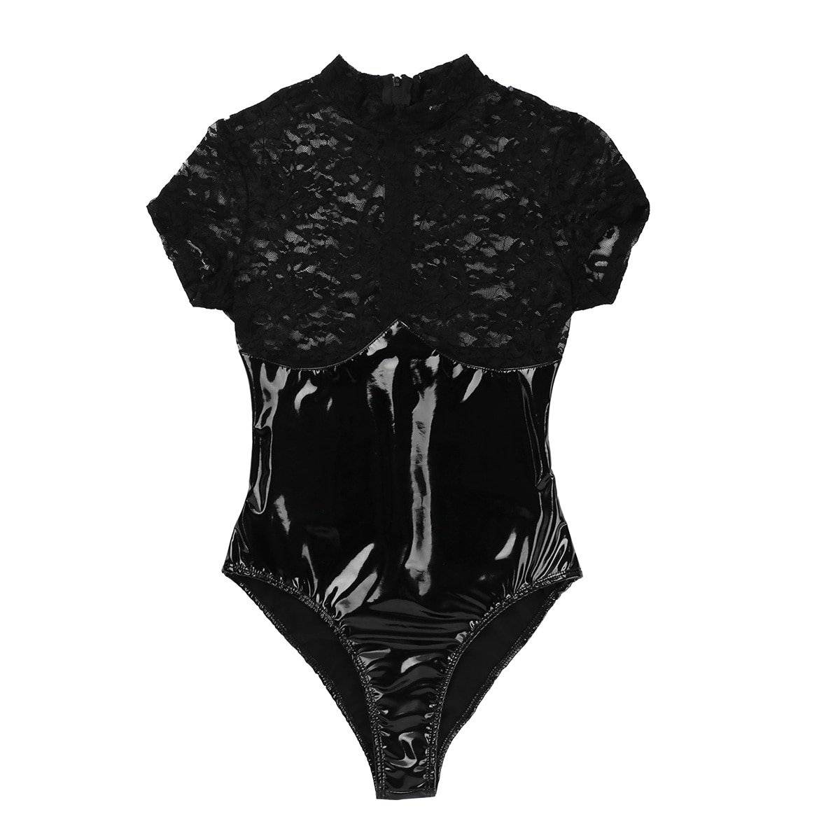 Womens wetlook clubwear lingerie renda splice ver-através de corte alto volta zíper teddy bodysuit collant cocktail sexy agasalho