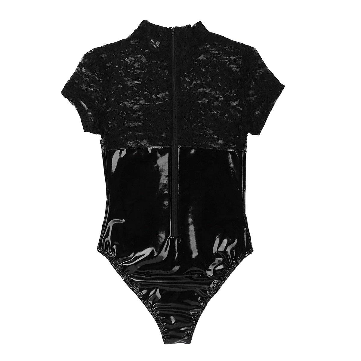 Womens wetlook clubwear lingerie renda splice ver-através de corte alto volta zíper teddy bodysuit collant cocktail sexy agasalho