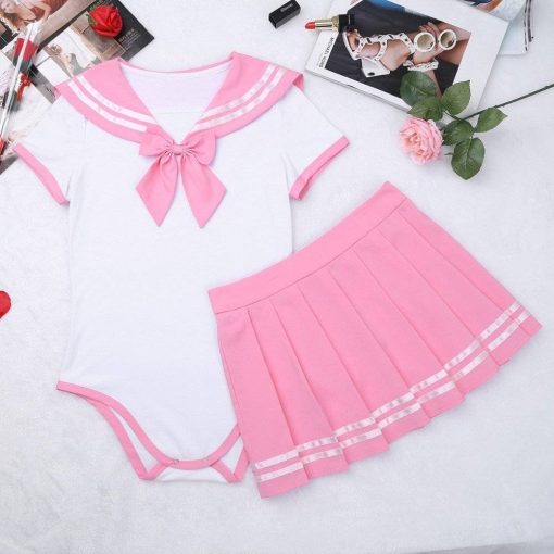 Feminino sexy cosplay lingerie estudante uniforme snappies virilha romper com mini saia anime role play traje terno Vestuário