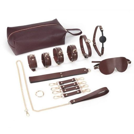 Kit BDSM Com Ball Gag Vendas E Grilhões De Couro e Bolsa Luxury BDSM Bondage Mordaça Coleira Máscara