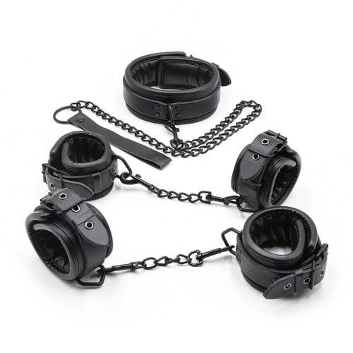 Conjunto BDSM Couro Genuíno Preto 3pcs Colar de Restrições Algemas Punhos e Tornozelos BDSM 