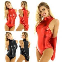 Roupa interior das mulheres bodycon bodysuit metálico brilhante de volta com restrição braçadeira luva teddy catsuit rave sexy cosplay trajes BDSM Bondage