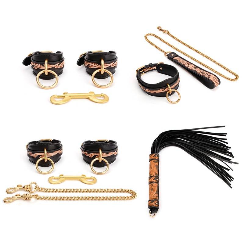 Couro genuíno escultura arte sexy bdsm kits sexo bondage conjunto algemas jogos do sexo chicote brinquedos sexuais para casais acessórios exóticos