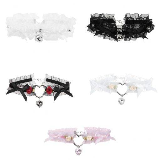 Lolitas de cuello para mujer, gargantilla de corazón de encaje Vintage hecha a mano para mujer, Collar gótico con lazo y campana, accesorios Vestuário