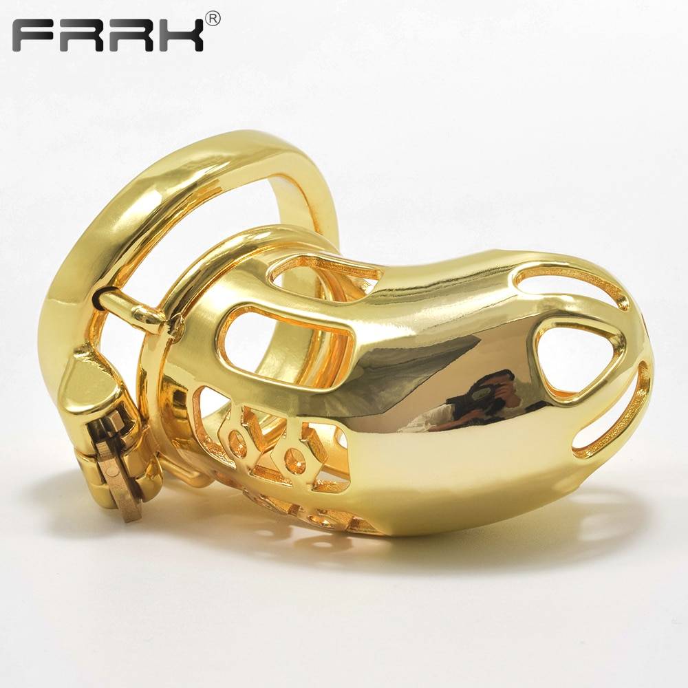 Frrk ouro masculino castidade galo gaiola para homem dobrar tubo metal bondage dispositivo sexualidade brinquedos pênis anéis eróticos produtos