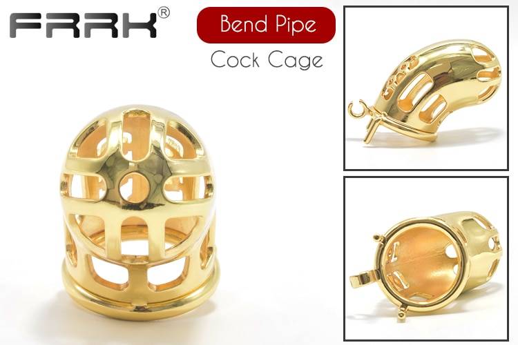 Frrk ouro masculino castidade galo gaiola para homem dobrar tubo metal bondage dispositivo sexualidade brinquedos pênis anéis eróticos produtos