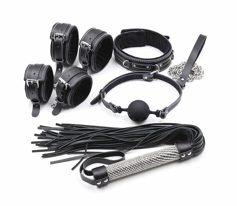 5 pçs bdsm bondage conjunto escravo colar bdsm couro sexo algemas sexy anklecuffs chicote boca aberta mordaça bola brinquedo do sexo kit para a mulher