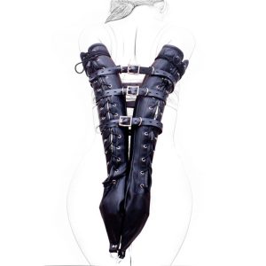 Sexo bondage sexy exótico de bdsm couro preto apertado straitjacket única luva de braçadeira com alça de chicote de fios ajustável BDSM Bondage