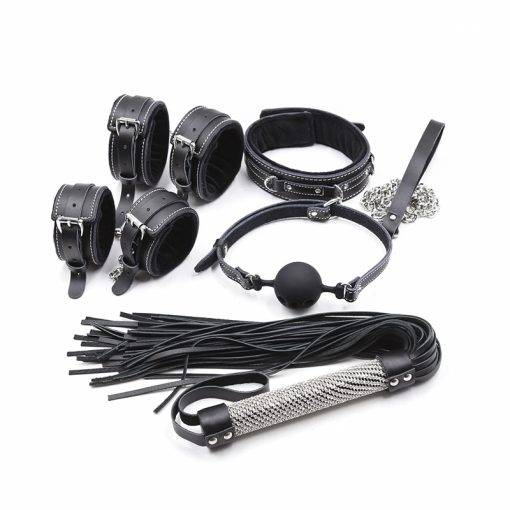 5 pçs bdsm bondage conjunto escravo colar bdsm couro sexo algemas sexy anklecuffs chicote boca aberta mordaça bola brinquedo do sexo kit para a mulher BDSM