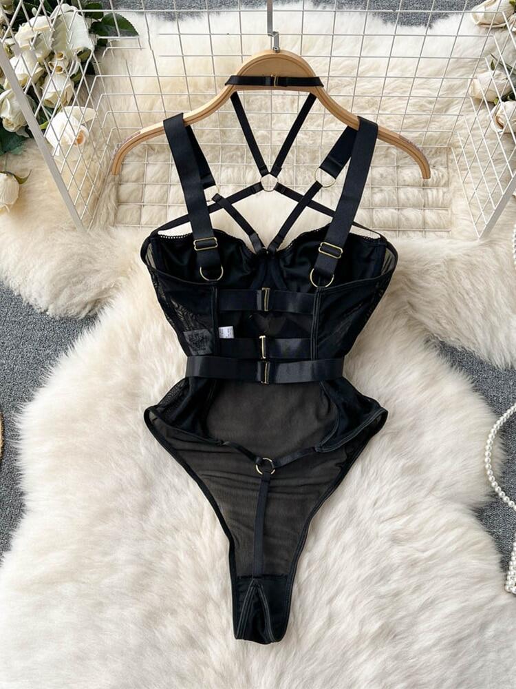 Bodysuit de malha erótica feminina, macacão de renda, combinação oca, moda sexy, pijama