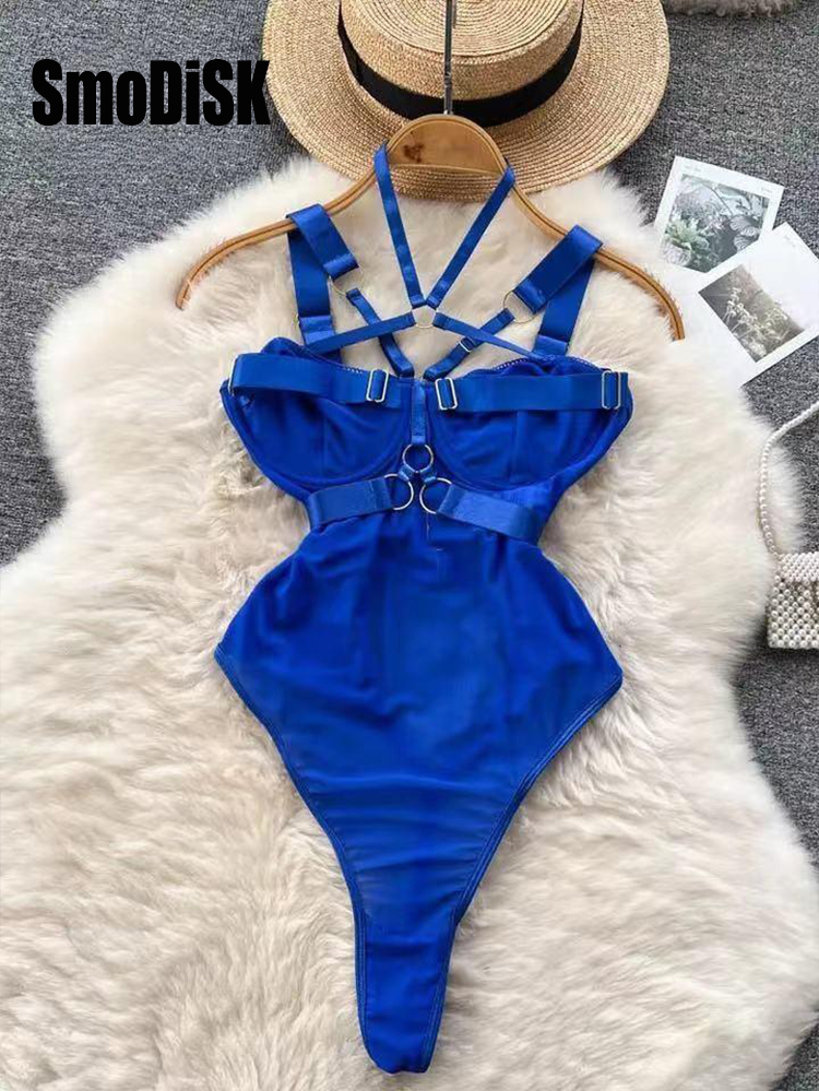 Bodysuit de malha erótica feminina, macacão de renda, combinação oca, moda sexy, pijama