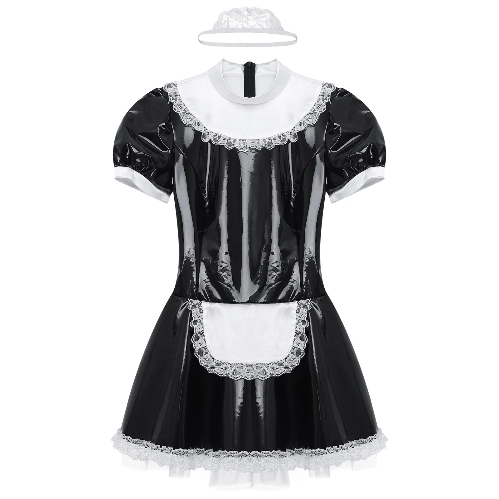 Vestido Empregada Doméstica French Maid Outfit Couro Brilhante e Renda