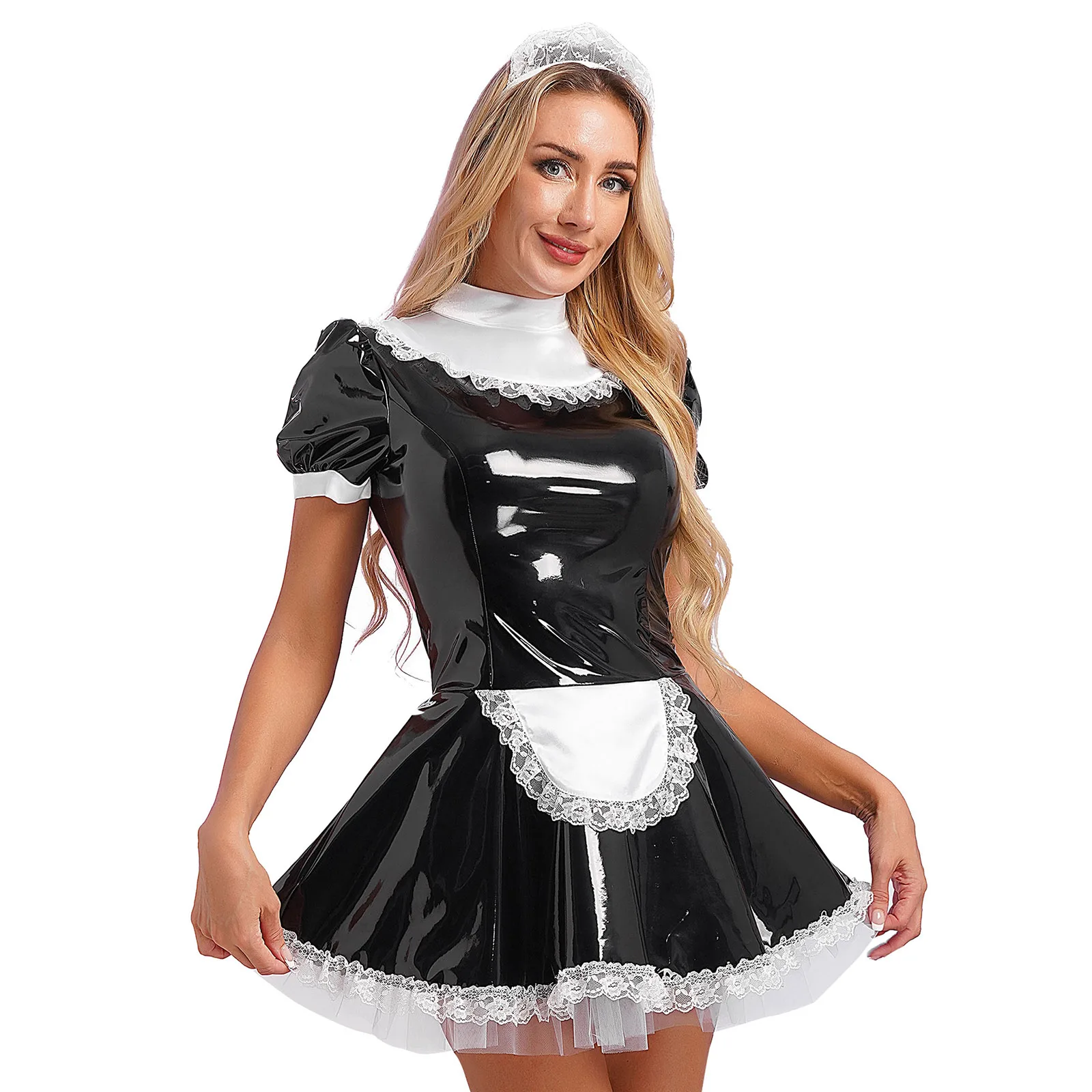 Vestido Empregada Doméstica French Maid Outfit Couro Brilhante e Renda