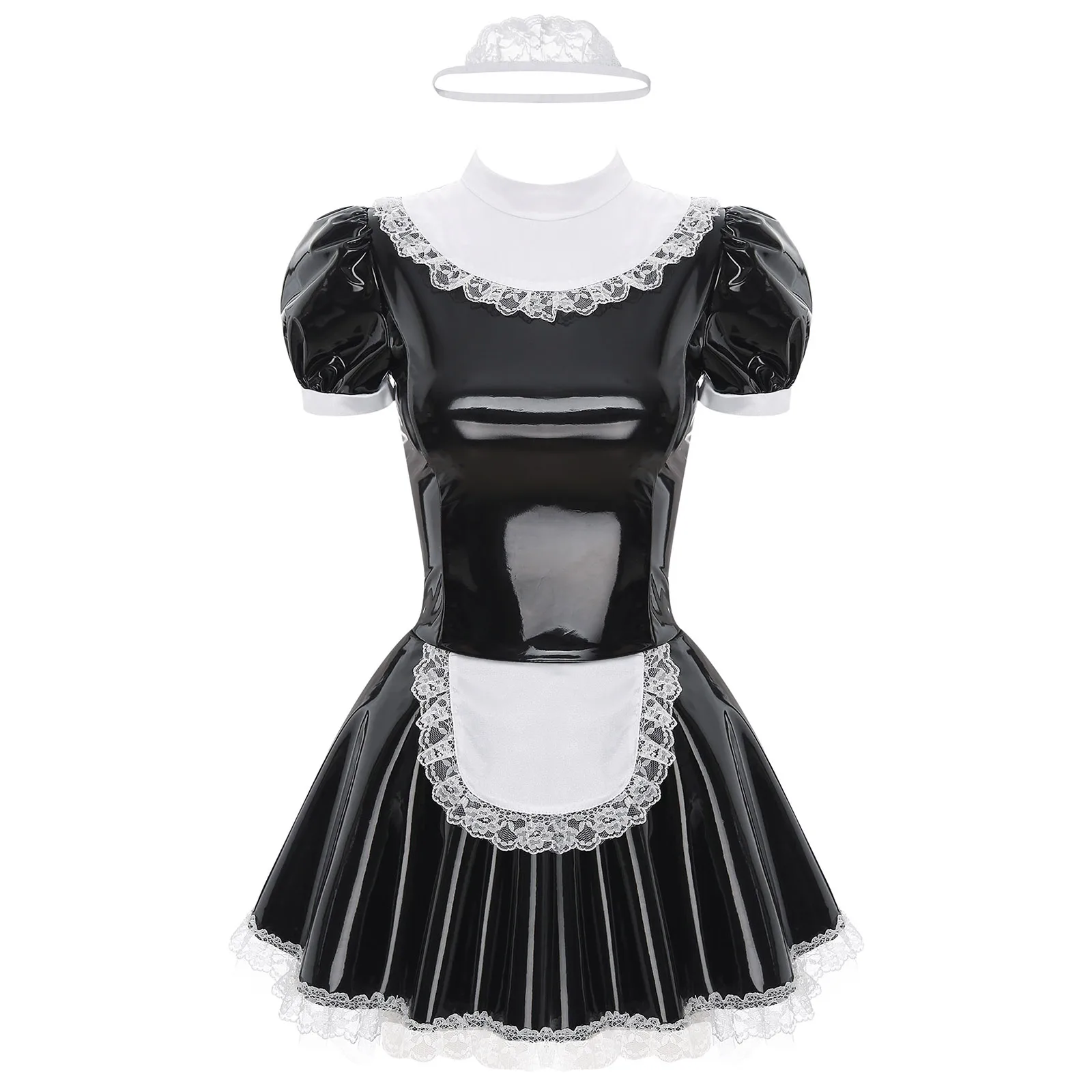 Vestido Empregada Doméstica French Maid Outfit Couro Brilhante e Renda