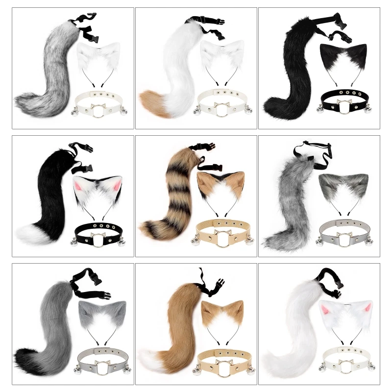 Peludo Animal Orelhas Headband Set, Cat Orelhas Cabelo Headwear, Hoop Colar Cauda, Gargantilha de couro para festa, Fantasia Dres Cosplay