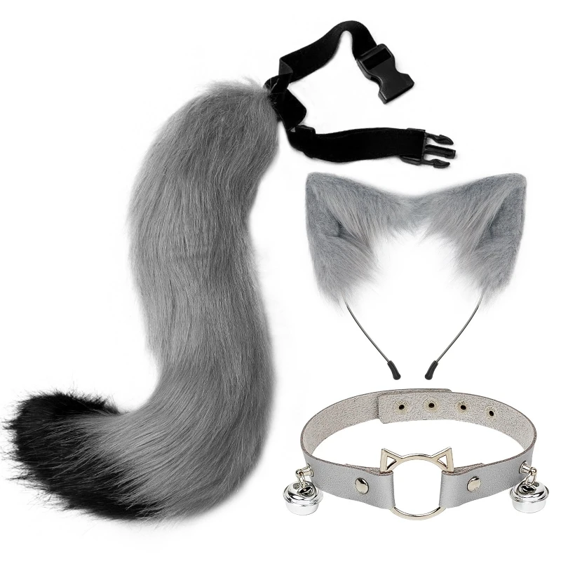 Peludo Animal Orelhas Headband Set, Cat Orelhas Cabelo Headwear, Hoop Colar Cauda, Gargantilha de couro para festa, Fantasia Dres Cosplay