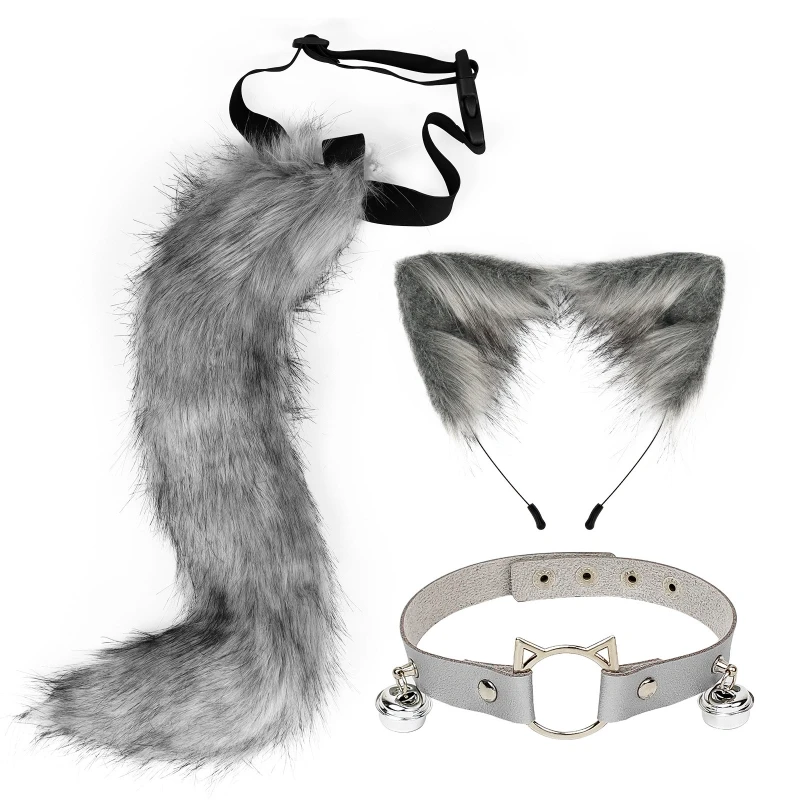 Peludo Animal Orelhas Headband Set, Cat Orelhas Cabelo Headwear, Hoop Colar Cauda, Gargantilha de couro para festa, Fantasia Dres Cosplay