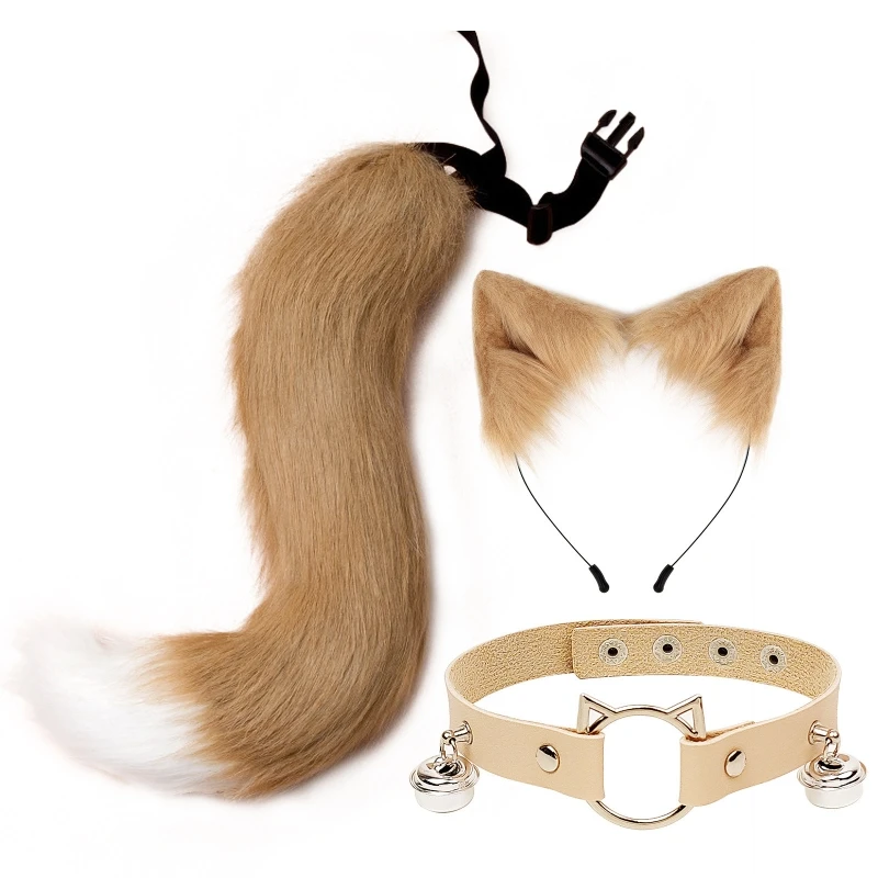 Peludo Animal Orelhas Headband Set, Cat Orelhas Cabelo Headwear, Hoop Colar Cauda, Gargantilha de couro para festa, Fantasia Dres Cosplay