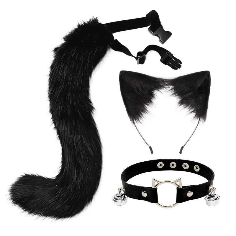 Peludo Animal Orelhas Headband Set, Cat Orelhas Cabelo Headwear, Hoop Colar Cauda, Gargantilha de couro para festa, Fantasia Dres Cosplay