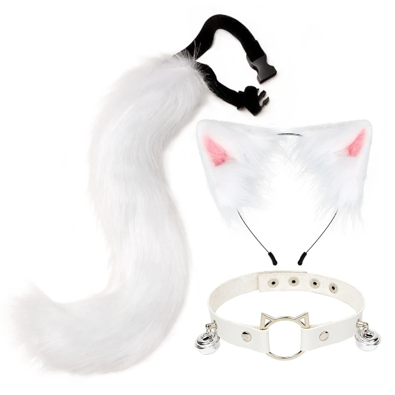 Peludo Animal Orelhas Headband Set, Cat Orelhas Cabelo Headwear, Hoop Colar Cauda, Gargantilha de couro para festa, Fantasia Dres Cosplay