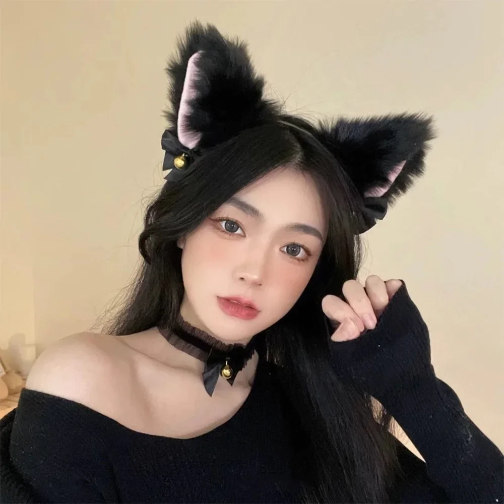 Cat Ears Plush Bell Headband para Mulheres, Acessórios de Cabelo, Coração Neckchain, Cosplay, Masquerade, Party Costume, Sexy, 2Pcs