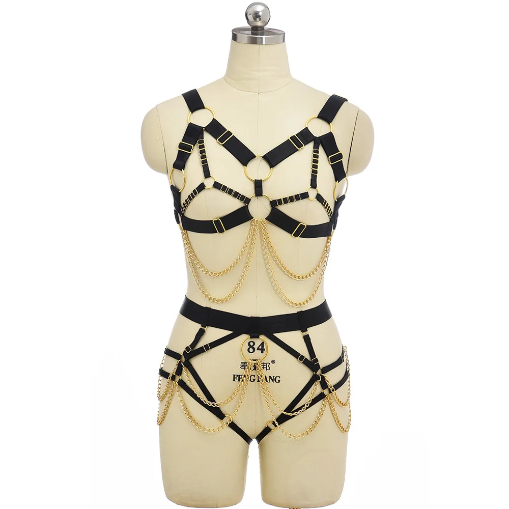 Black Gold Color Accessories Body Harness Lingerie Set Sexy Adjustable G-String Briefs Bondage Crop Top Body Chain Harness Cage