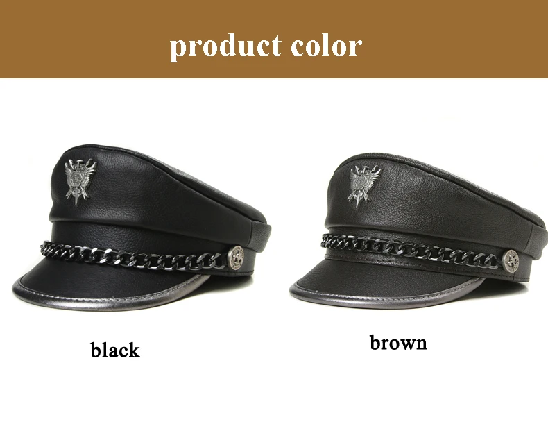 Novelty Winter Men‘s Genuine Leather Hat Male Flat Top Badge Locomotive Retro Military Caps Students Punk Cortical Chain Gorra