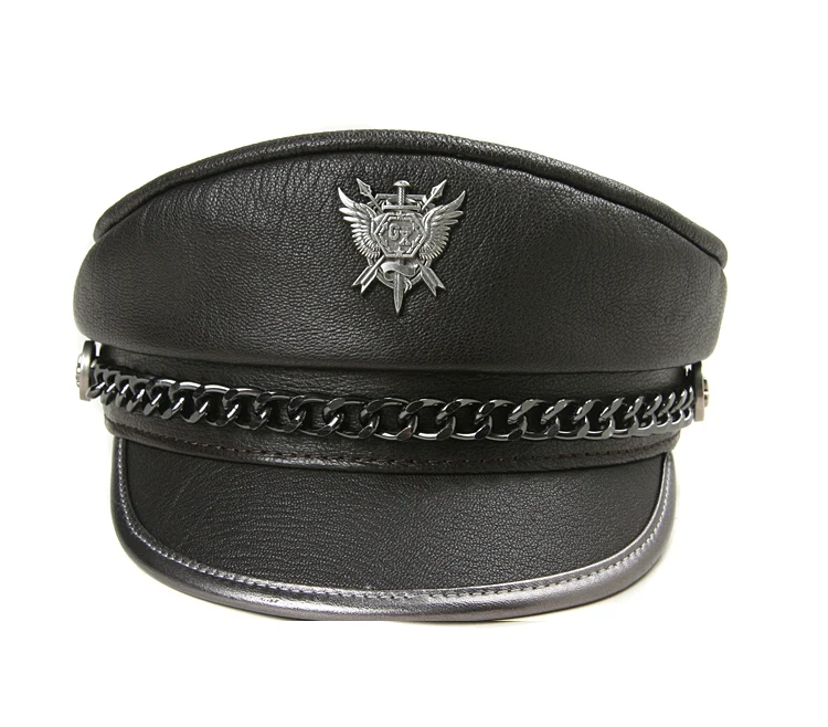 Novelty Winter Men‘s Genuine Leather Hat Male Flat Top Badge Locomotive Retro Military Caps Students Punk Cortical Chain Gorra