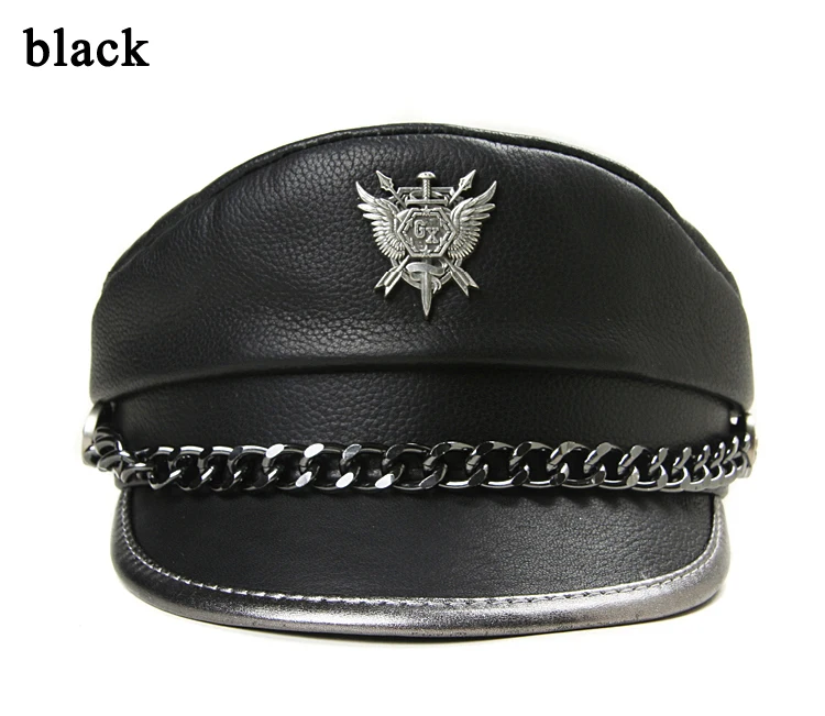 Novelty Winter Men‘s Genuine Leather Hat Male Flat Top Badge Locomotive Retro Military Caps Students Punk Cortical Chain Gorra