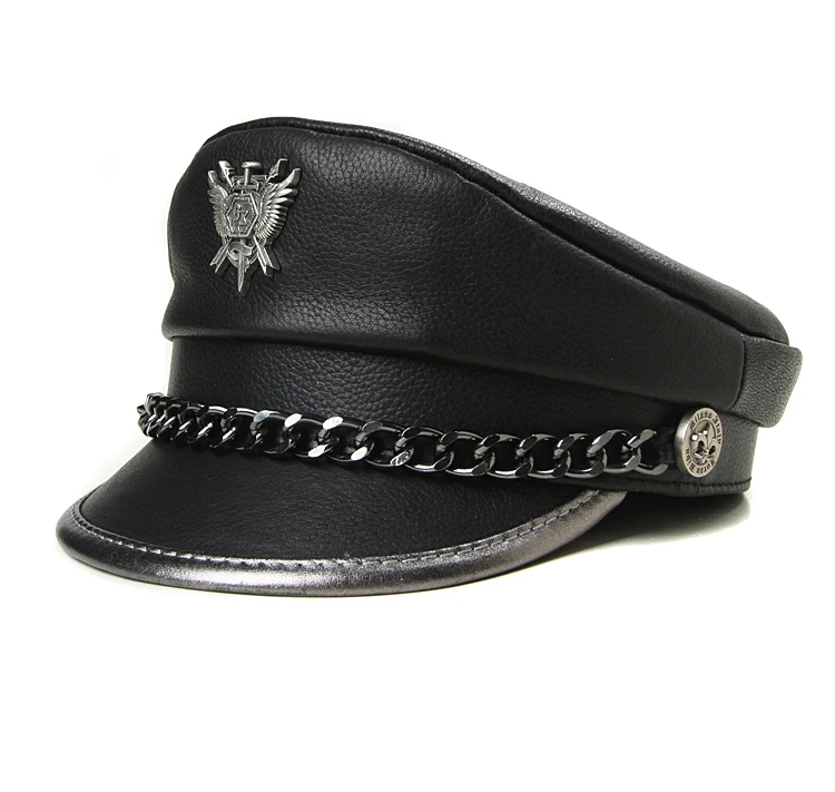 Novelty Winter Men‘s Genuine Leather Hat Male Flat Top Badge Locomotive Retro Military Caps Students Punk Cortical Chain Gorra