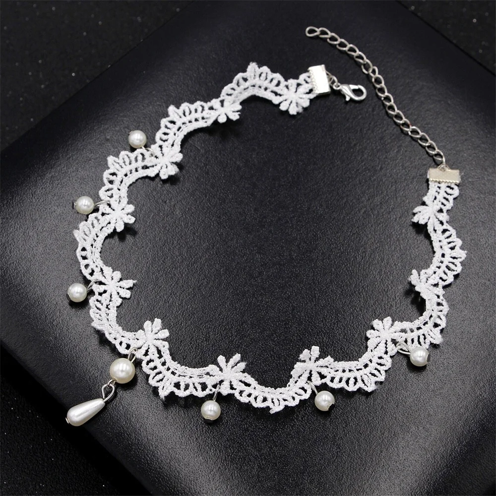 Vintage Fashion Black Lace Heart-Shape Artificial Pearl Pendant Necklace Female Women Sexy Simple Choker Ladies Party Jewelry