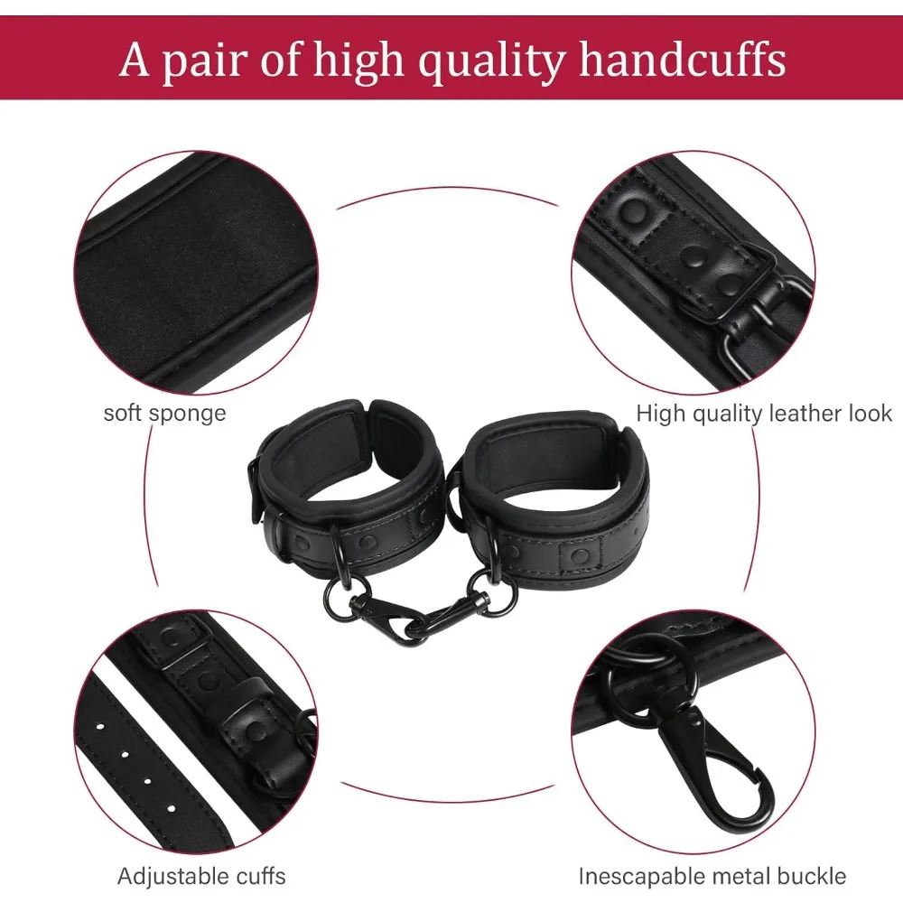 SM Bondage Restraints Fetish Kit Leather Handcuffs Sex Play with Blindfold Silk Eye Cover Role Play Set for Couples Adults Wife