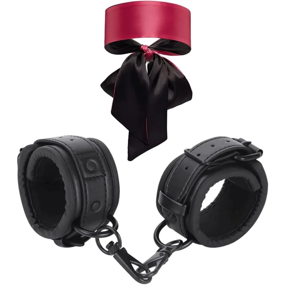 SM Bondage Restraints Fetish Kit Leather Handcuffs Sex Play with Blindfold Silk Eye Cover Role Play Set for Couples Adults Wife