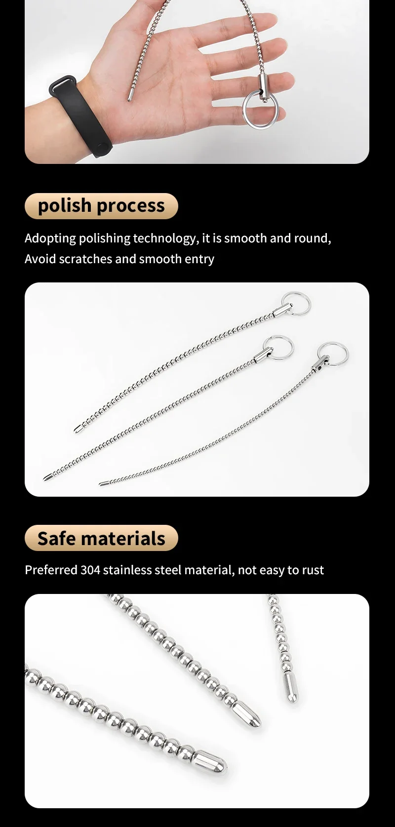 Super Long Stainless Steel Beaded Urethral Sound Dilators Penis Plug Insert Stimulation Horse Eye Stick Adult Sex Toys for Men