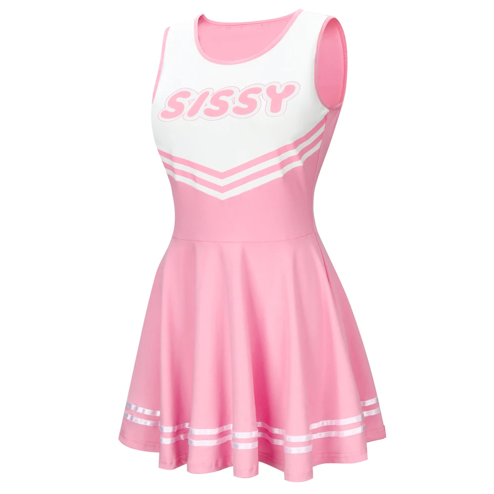 SISSY Cheerleader Uniform Sleeveless Overall Pink White Dress Cheerleading Outfits Party Costume for High School Girls