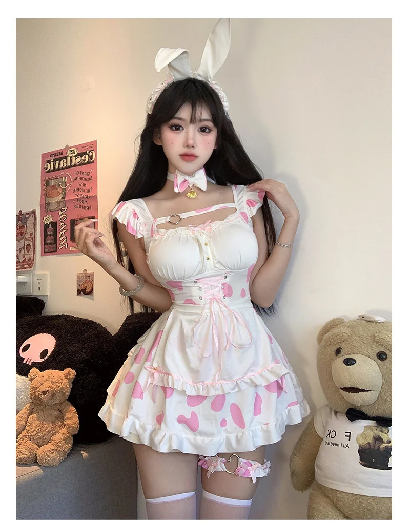 Passion Fashion Anime Sexy Lingerie Maid Dress Cute Subdue Temptation Lovely Contrasting Colors Dress With Bow Neck Collar KEOH