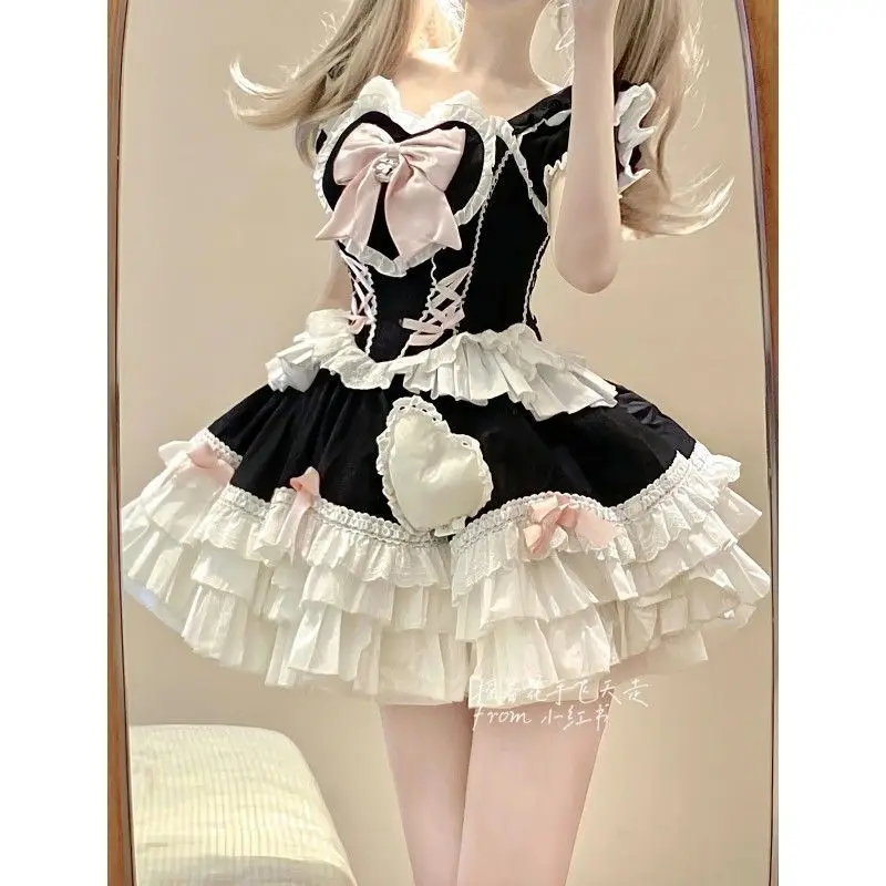 Japan Lolita Mini Dress Women Kawaii Y2k Bow Ruffles Tea Party Dresses Female Korean Fashion Elegant Princess Dress