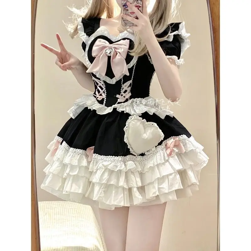 Japan Lolita Mini Dress Women Kawaii Y2k Bow Ruffles Tea Party Dresses Female Korean Fashion Elegant Princess Dress