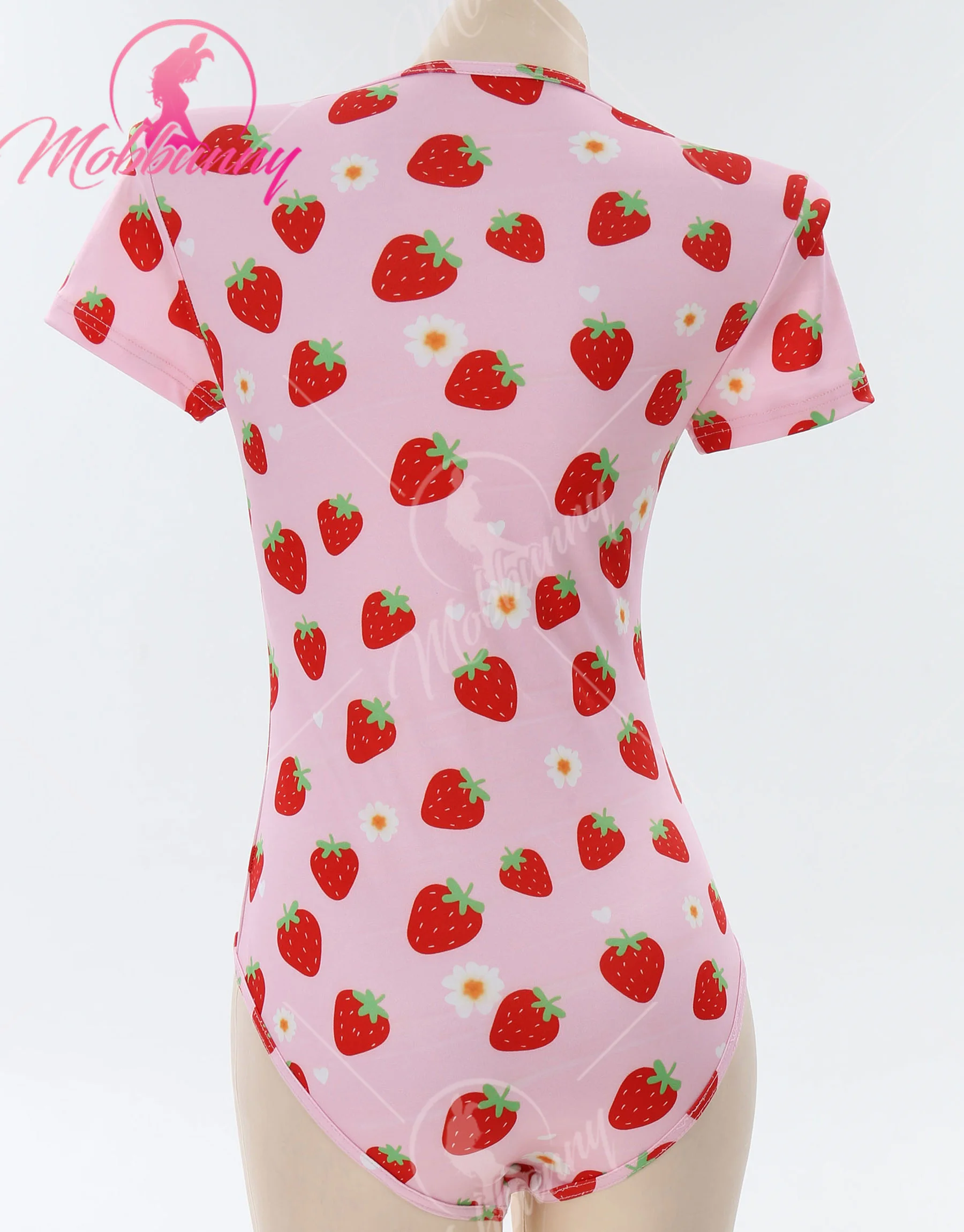 Mobbunny Women's Sexy Romper Pink Bodysuit Crotch Onesie Strawberry Print Pajama Kawaii One-piece Homewear