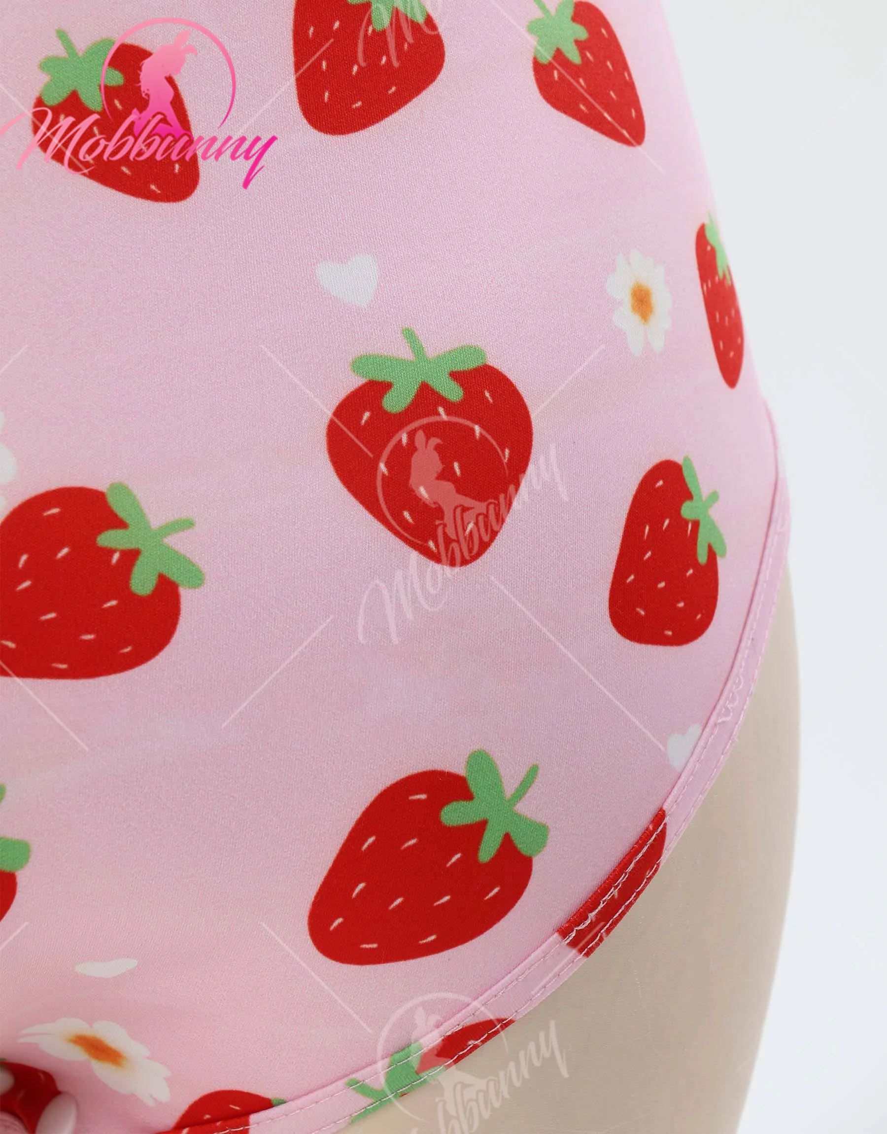 Mobbunny Women's Sexy Romper Pink Bodysuit Crotch Onesie Strawberry Print Pajama Kawaii One-piece Homewear