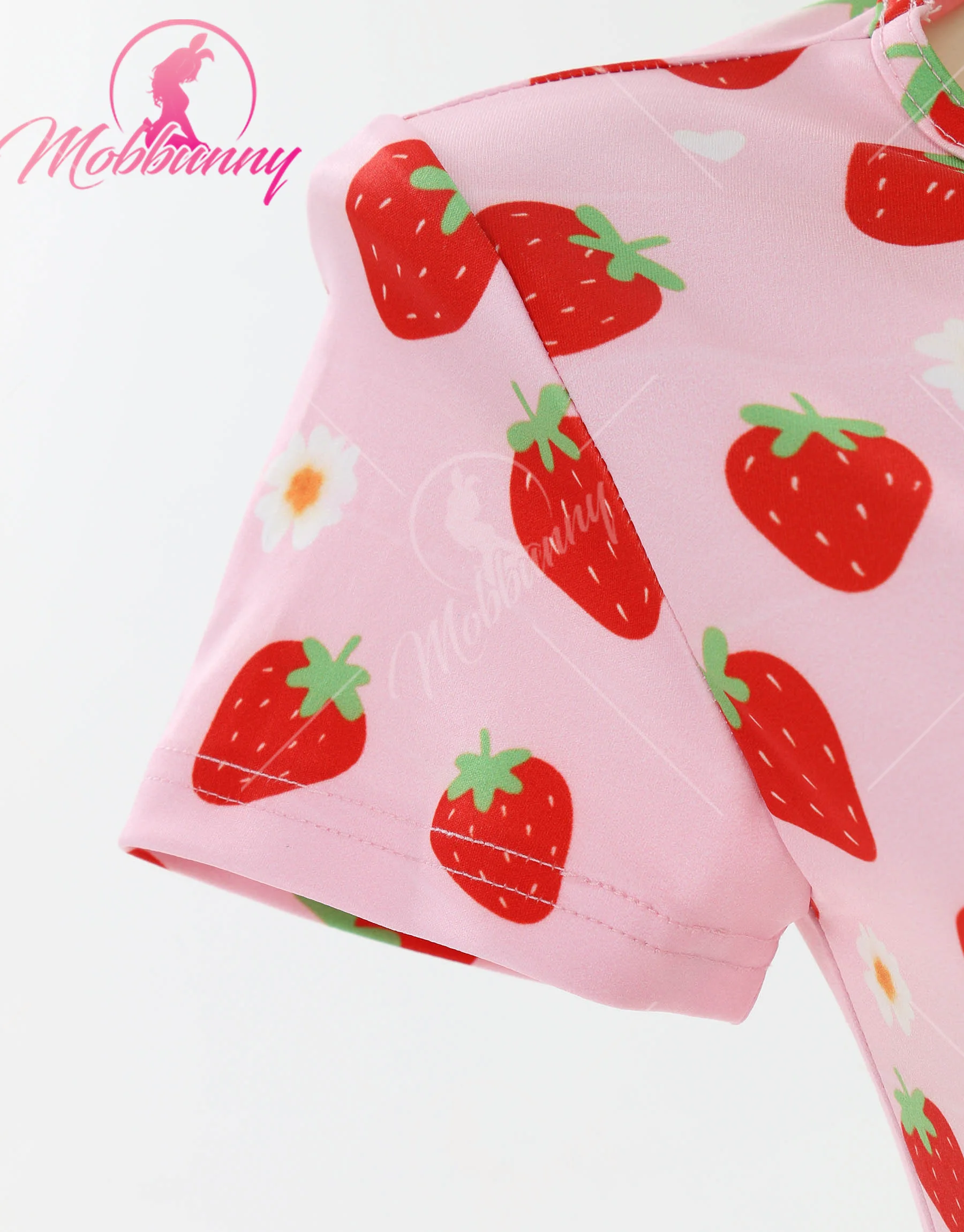 Mobbunny Women's Sexy Romper Pink Bodysuit Crotch Onesie Strawberry Print Pajama Kawaii One-piece Homewear