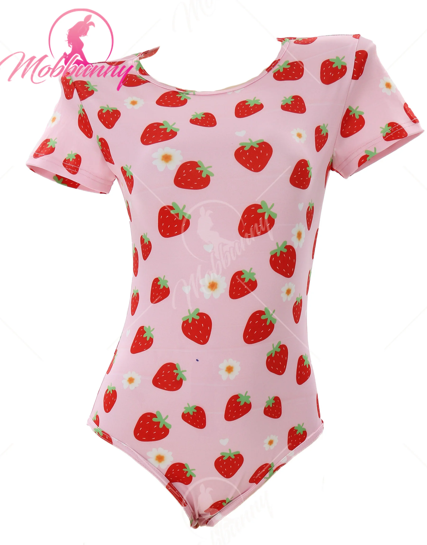 Mobbunny Women's Sexy Romper Pink Bodysuit Crotch Onesie Strawberry Print Pajama Kawaii One-piece Homewear