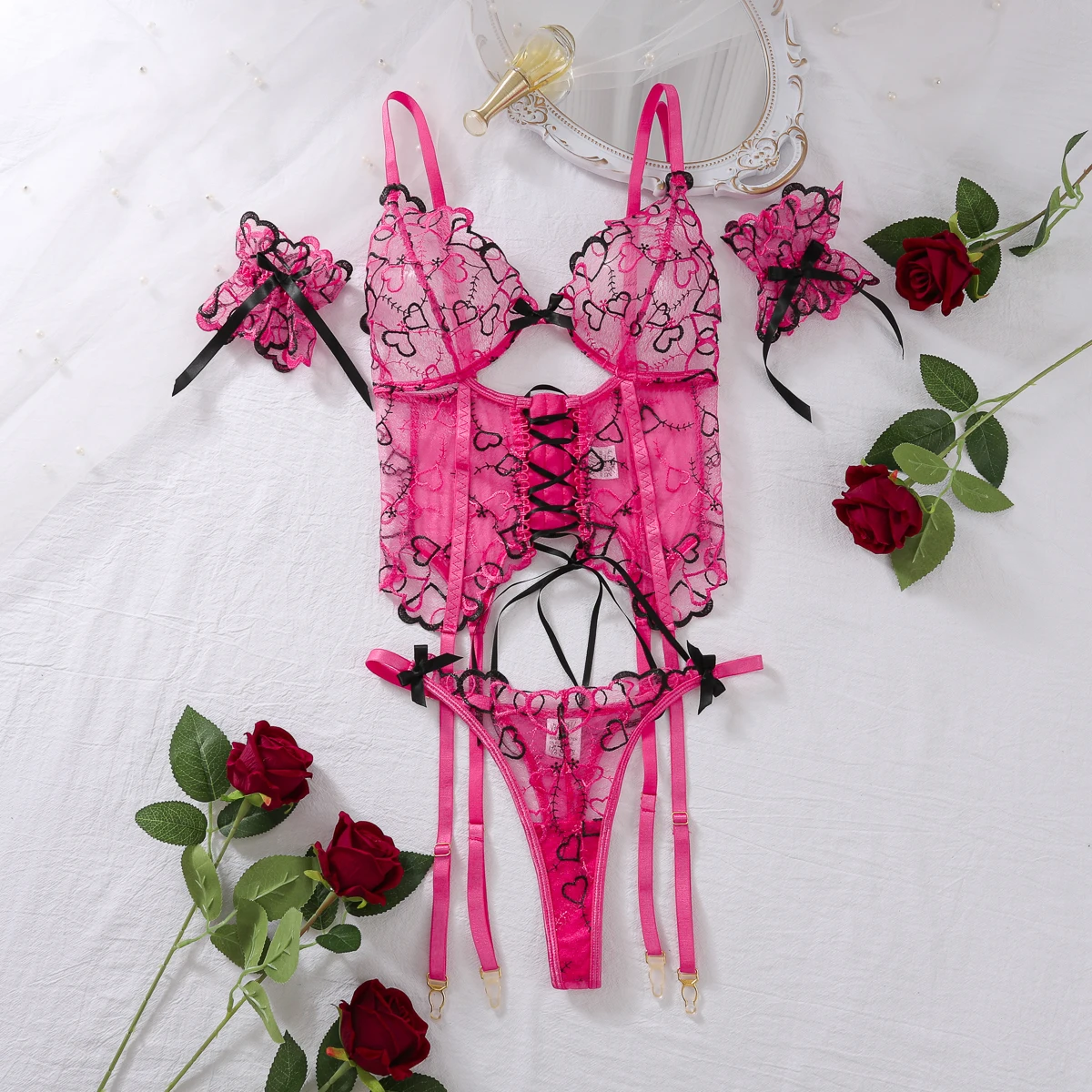 MUZISKAT Mesh Erotic Women's Lingerie Set Lace See Through Sexy Heart Shape Embroidery Underwear and Thong Porn 3 Pieces Suit