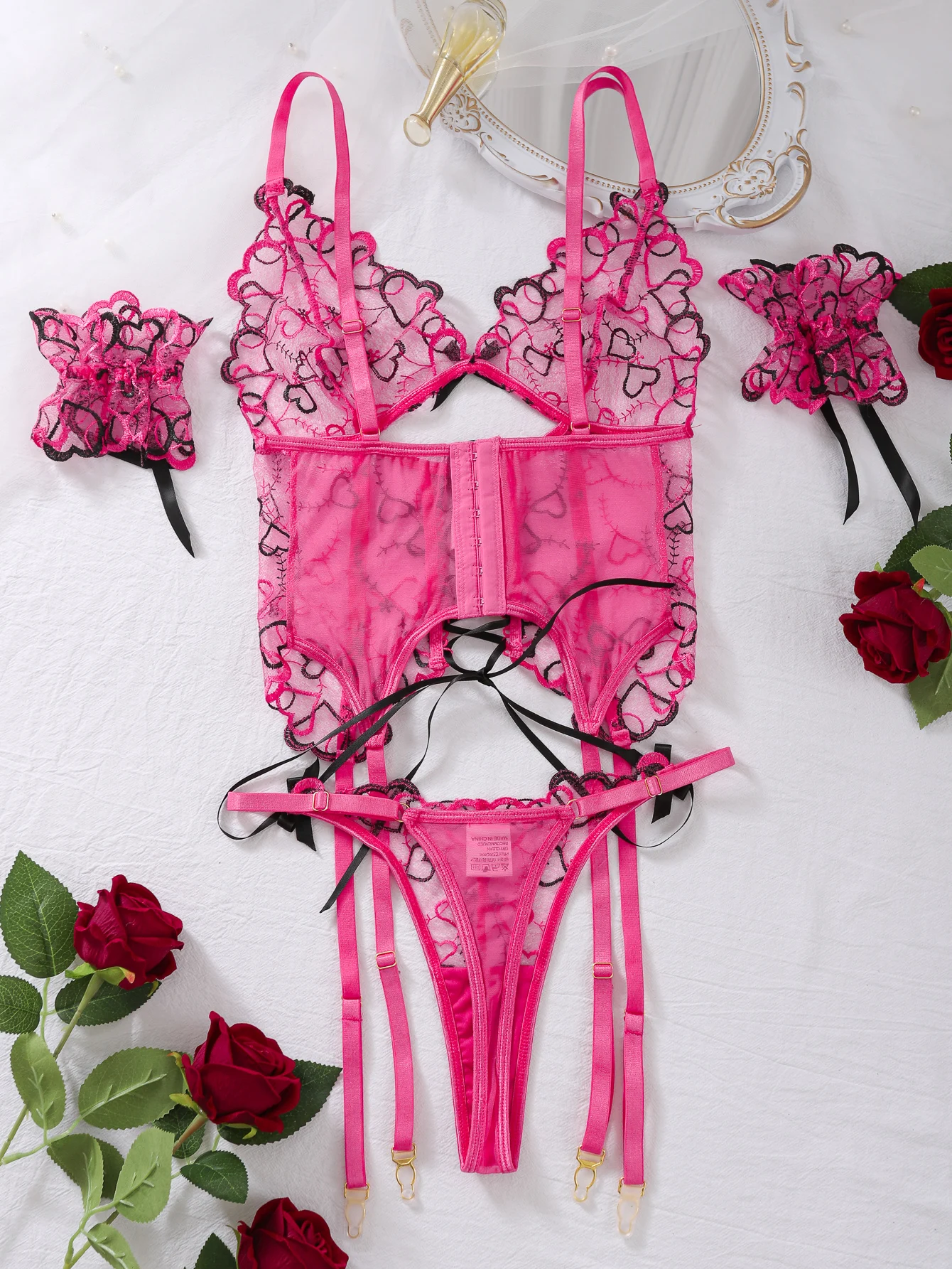 MUZISKAT Mesh Erotic Women's Lingerie Set Lace See Through Sexy Heart Shape Embroidery Underwear and Thong Porn 3 Pieces Suit